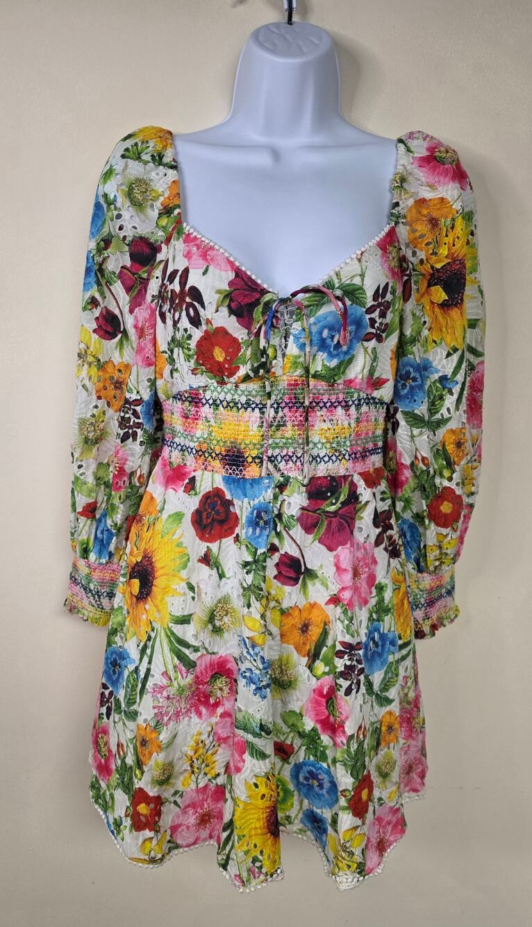 Alice + Olivia Size 4 Floral Eyelet Smocked Mini Dress Cottagecore 0101